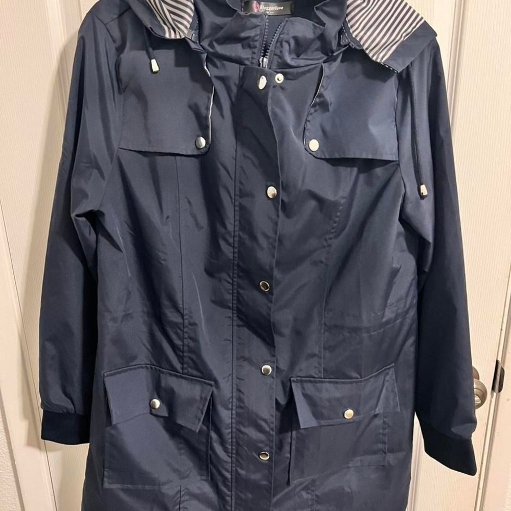 Navy blue lightweight raincoat with hood